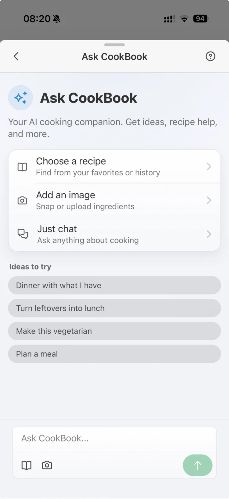 Ask CookBook with options to choose a recipe, add an image or ask a cooking question