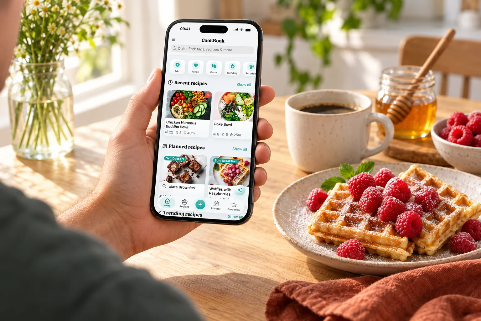Using CookBook on a phone at a kitchen table beside waffles and coffee